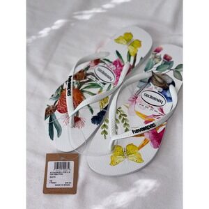 Havaianas Slim Tropical Floral Butterfly Bird Flip Flop Sandals White 7/8 NEW